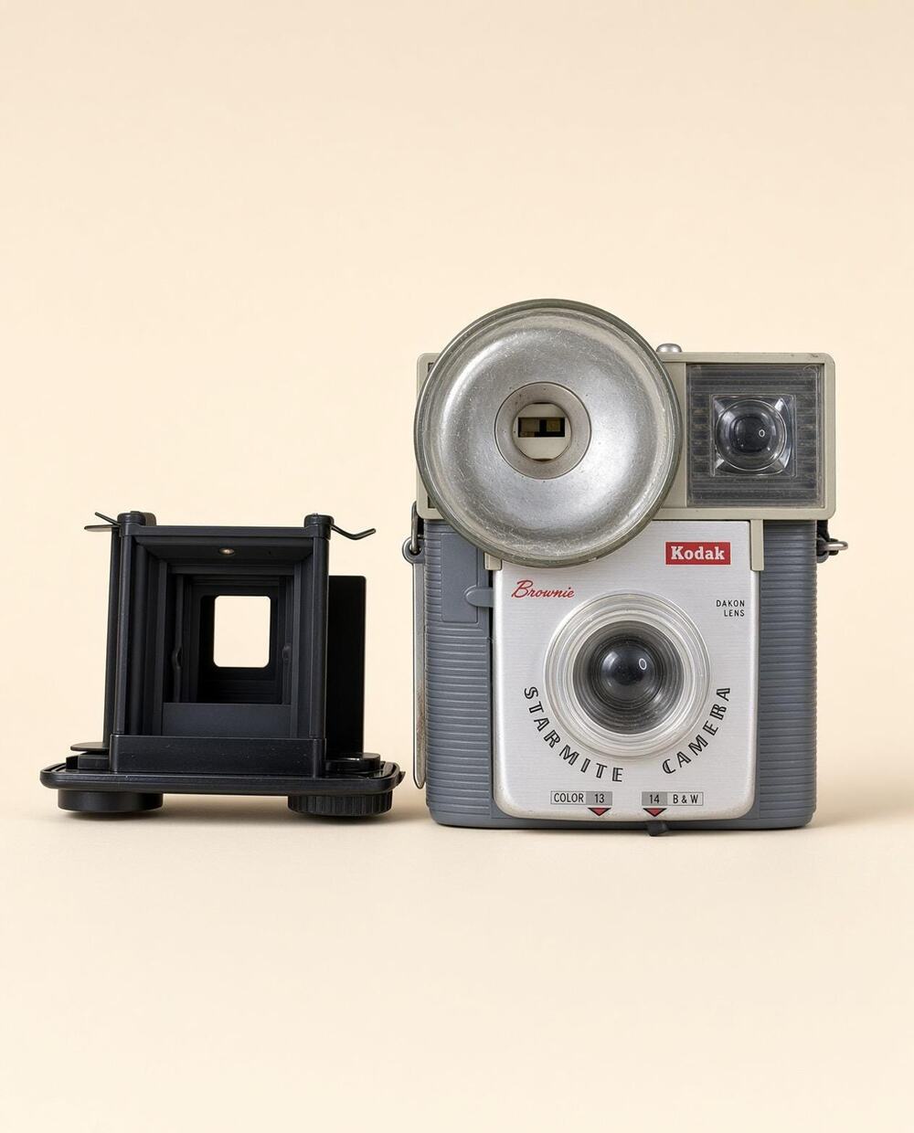 Kodak Brownie Starmite Camera, Dakon Glass Flash Bowl, 127 Film Body